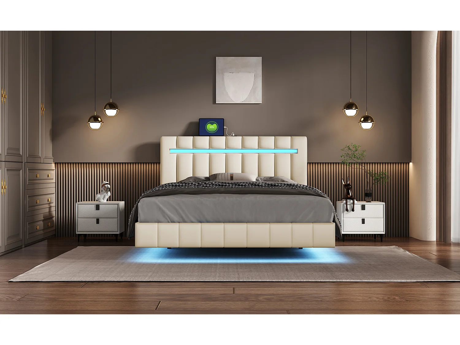 Lit double flottant avec LED, lin, beige (210x151x100cm)