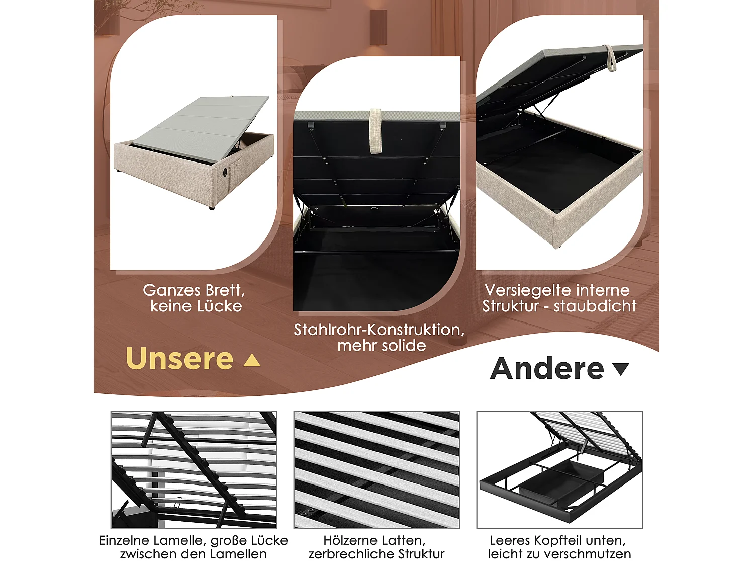 Lit double 140x200 cm, cadre de lit avec rangement hydraulique, USB et Type-C intégré, lin naturel, sans tête de lit (202x141x29 cm)