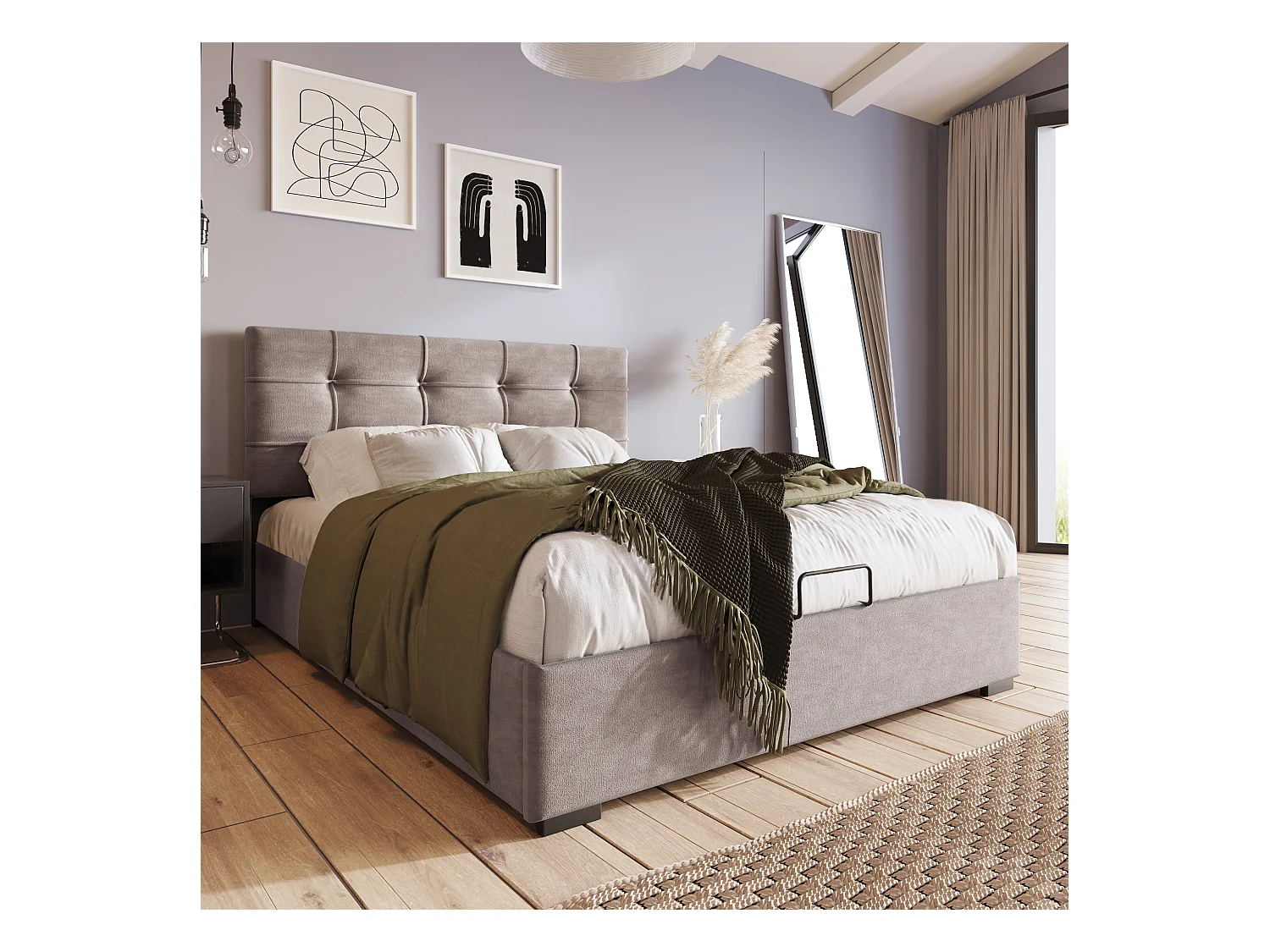 Lit hydraulique 90x200 cm avec matelas, Tête de lit ajustable, Rangement, Velours, Gris clair (203x96x97.5-117.5 cm)