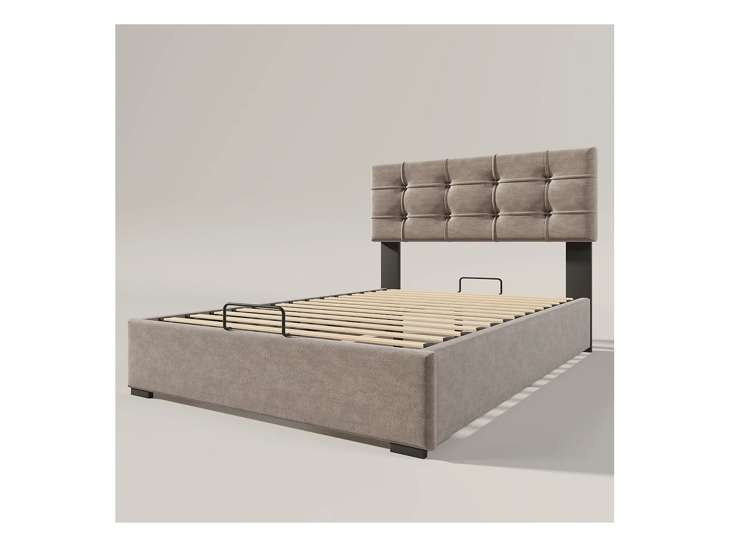 Lit hydraulique 90x200 cm avec matelas, Tête de lit ajustable, Rangement, Velours, Gris clair (203x96x97.5-117.5 cm)