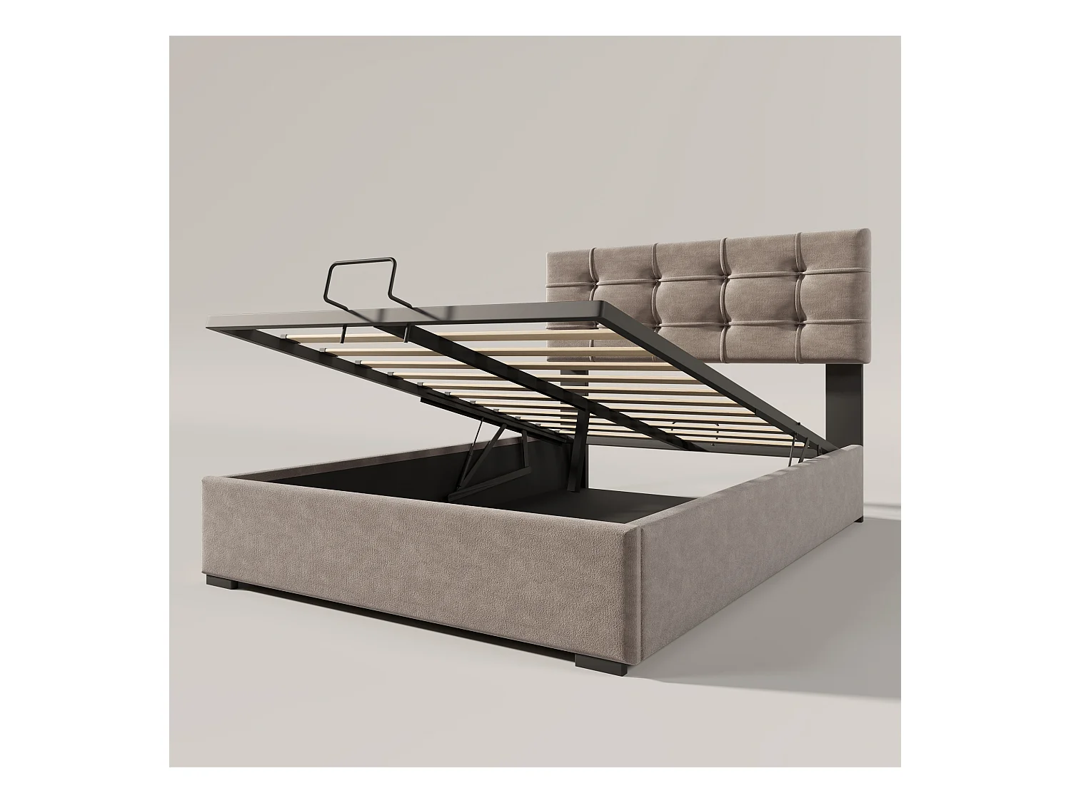 Lit hydraulique 90x200 cm avec matelas, Tête de lit ajustable, Rangement, Velours, Gris clair (203x96x97.5-117.5 cm)