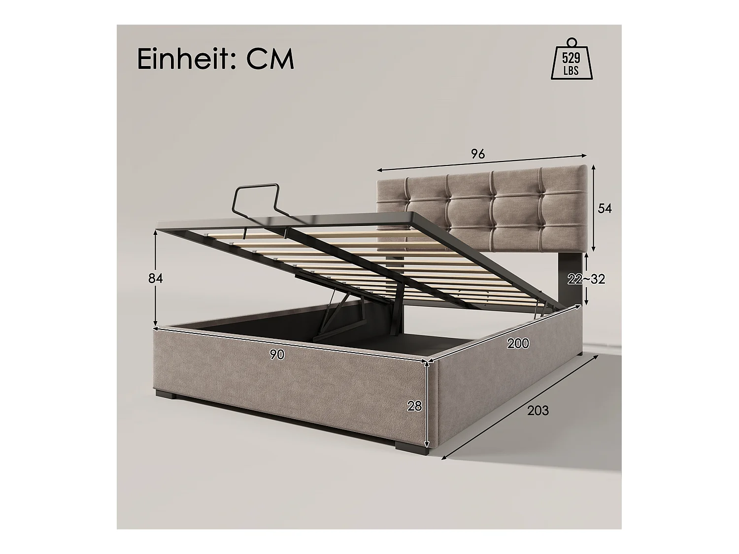 Lit hydraulique 90x200 cm avec matelas, Tête de lit ajustable, Rangement, Velours, Gris clair (203x96x97.5-117.5 cm)