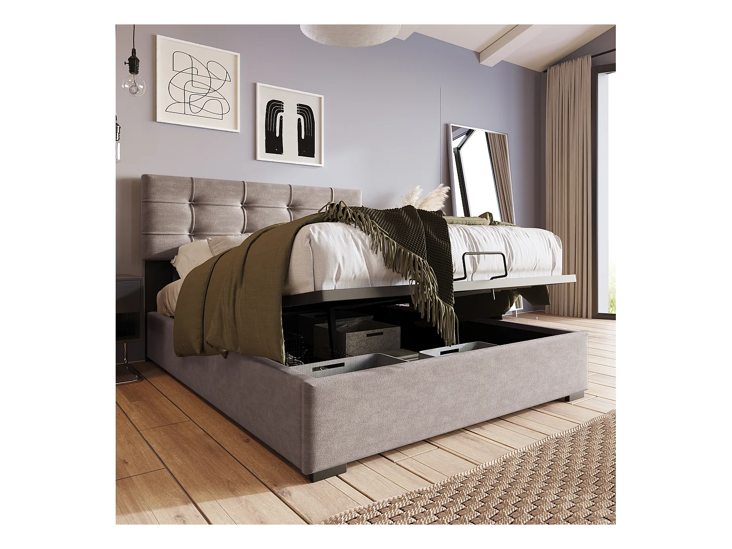Lit hydraulique 90x200 cm avec matelas, Tête de lit ajustable, Rangement, Velours, Gris clair (203x96x97.5-117.5 cm)