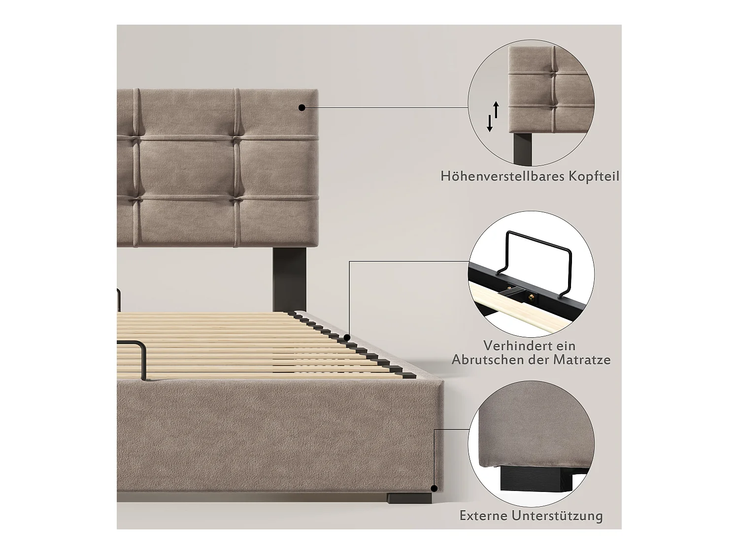 Lit hydraulique 90x200 cm avec matelas, Tête de lit ajustable, Rangement, Velours, Gris clair (203x96x97.5-117.5 cm)