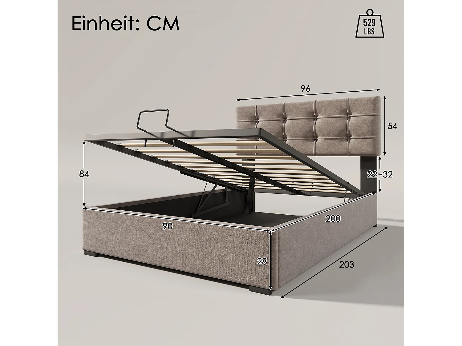 Cama hidráulica 90x200 cm con colchón, Cabecero regulable, Canapé, Terciopelo, Gris claro (203x96x97,5-117,5 cm)