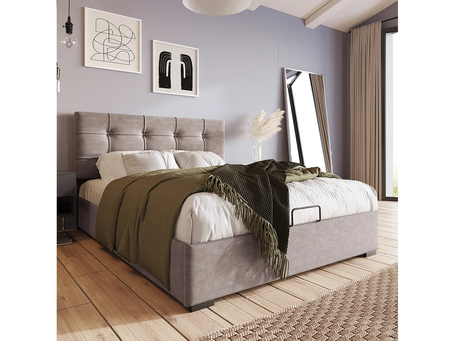 Cama hidráulica 90x200 cm con colchón, Cabecero regulable, Canapé, Terciopelo, Gris claro (203x96x97,5-117,5 cm)