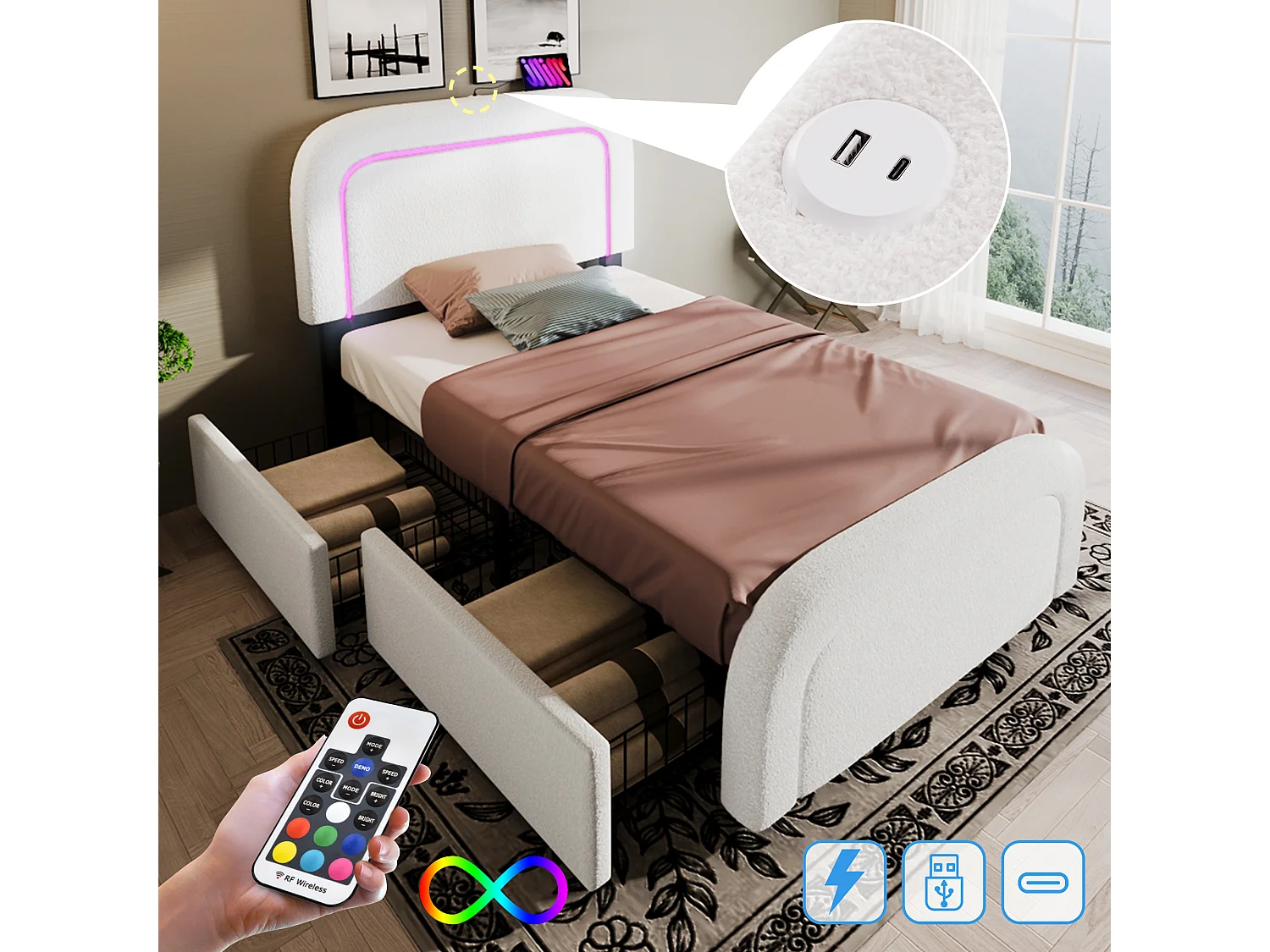Bed met USB Type C oplaadfunctie, LED-verlichting en 2 lades, 90x200 cm, verstelbaar hoofdeinde, witte Sherpa, (afmetingen: 208x100x102,5 cm)