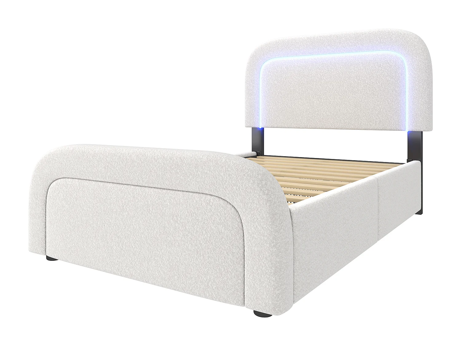 Bed met USB Type C oplaadfunctie, LED-verlichting en 2 lades, 90x200 cm, verstelbaar hoofdeinde, witte Sherpa, (afmetingen: 208x100x102,5 cm)