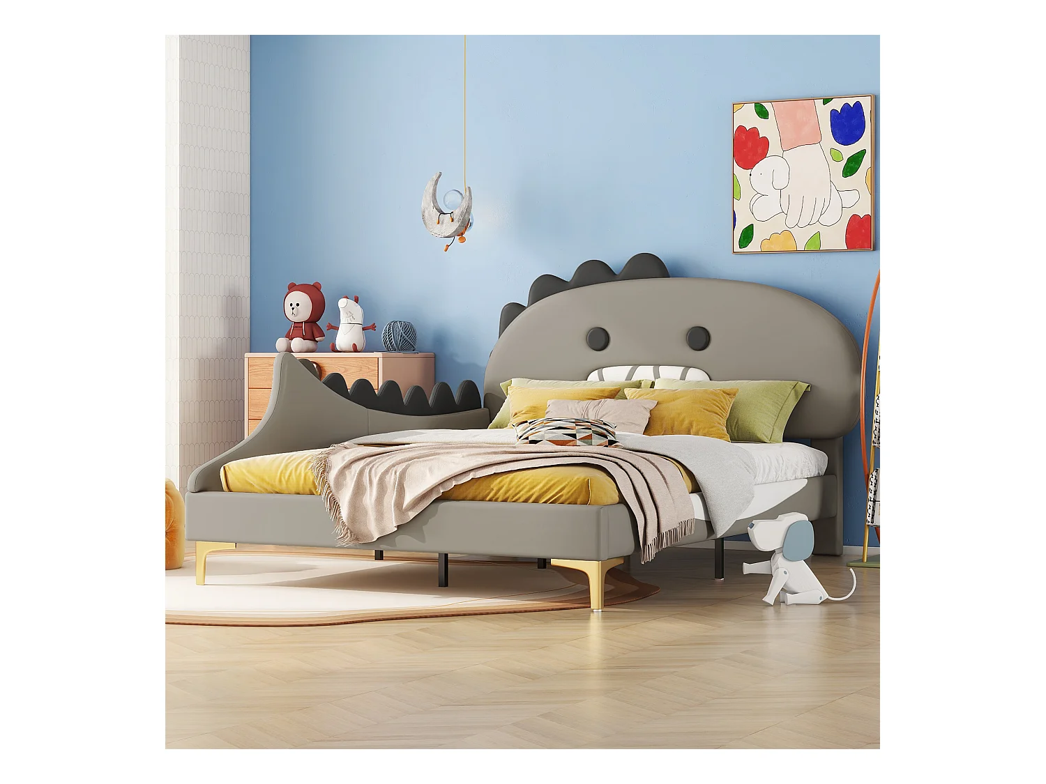 Lit enfant 90x200 cm, forme dinosaure, avec lit gigogne, PU, gris (209x144x110 cm)