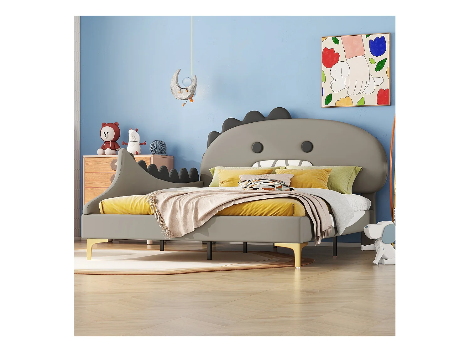 Lit enfant 90x200 cm, forme dinosaure, avec lit gigogne, PU, gris (209x144x110 cm)