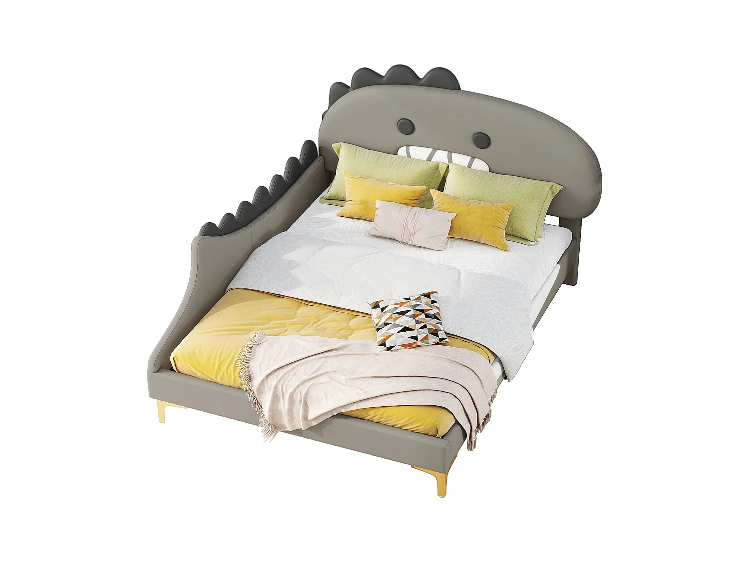 Lit enfant 90x200 cm, forme dinosaure, avec lit gigogne, PU, gris (209x144x110 cm)