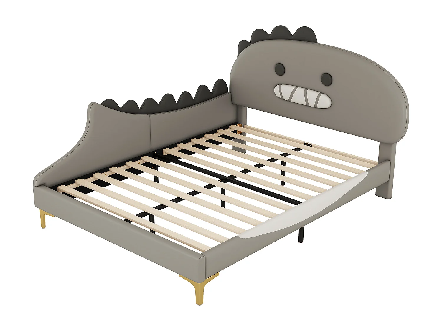 Lit enfant 90x200 cm, forme dinosaure, avec lit gigogne, PU, gris (209x144x110 cm)