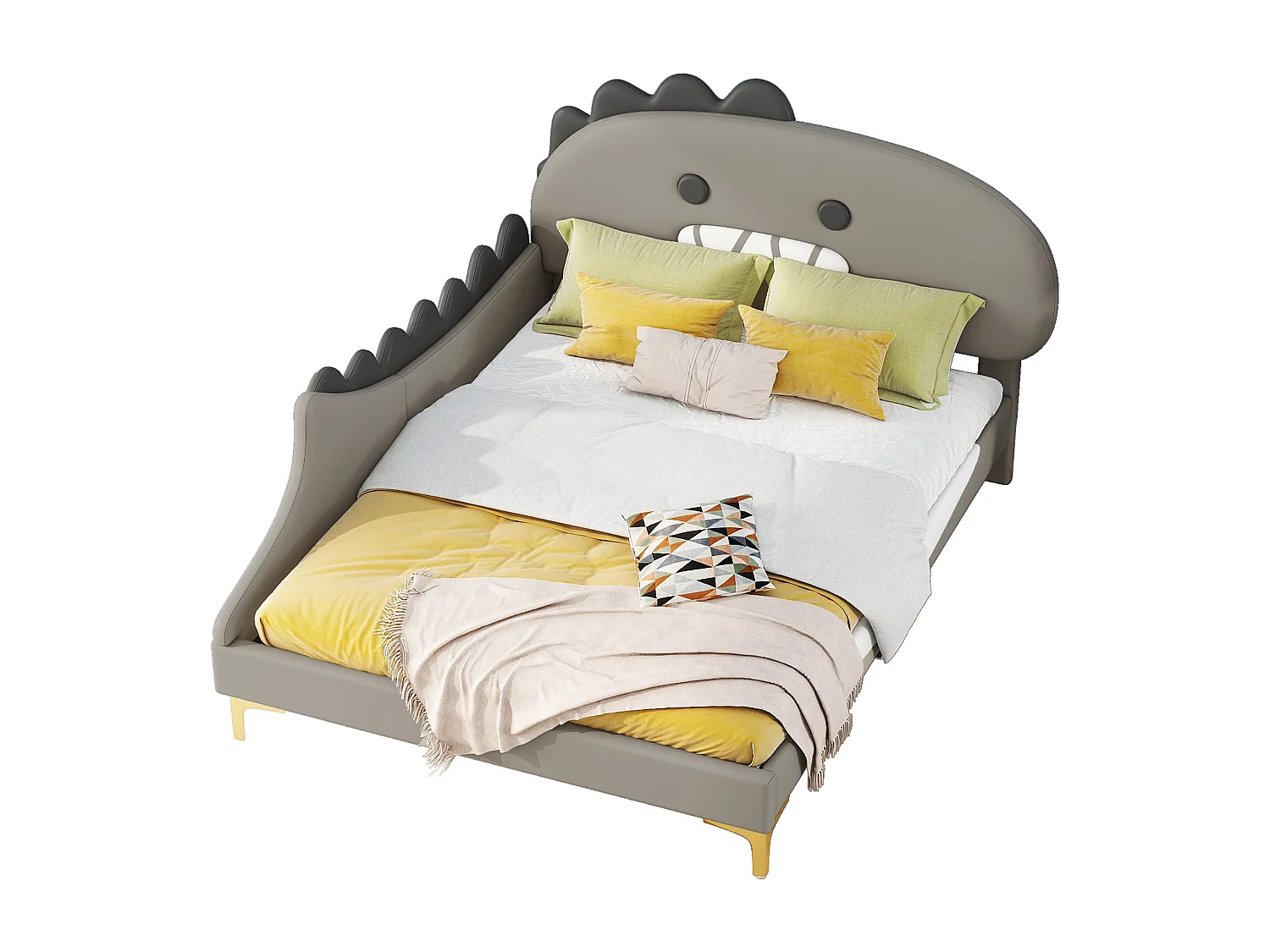 Lit enfant 90x200 cm, forme dinosaure, avec lit gigogne, PU, gris (209x144x110 cm)