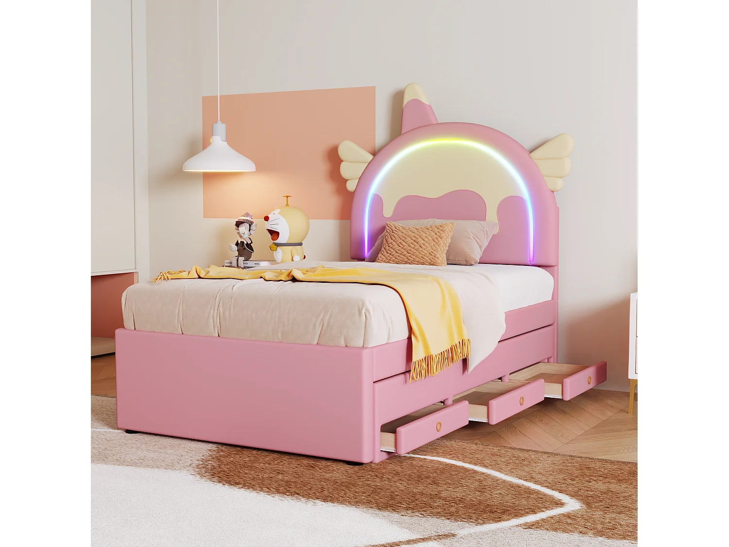 Lit enfant 90x200 cm, forme licorne, avec lit gigogne, PU, rose (203x94x135.5 cm)