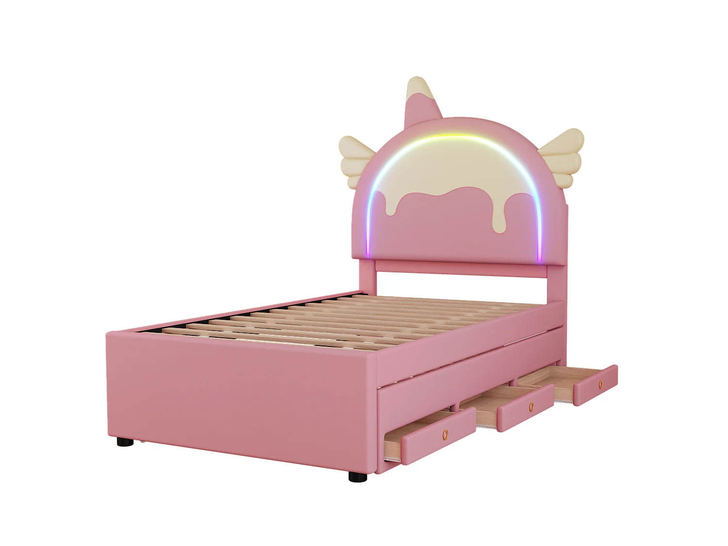 Lit enfant 90x200 cm, forme licorne, avec lit gigogne, PU, rose (203x94x135.5 cm)