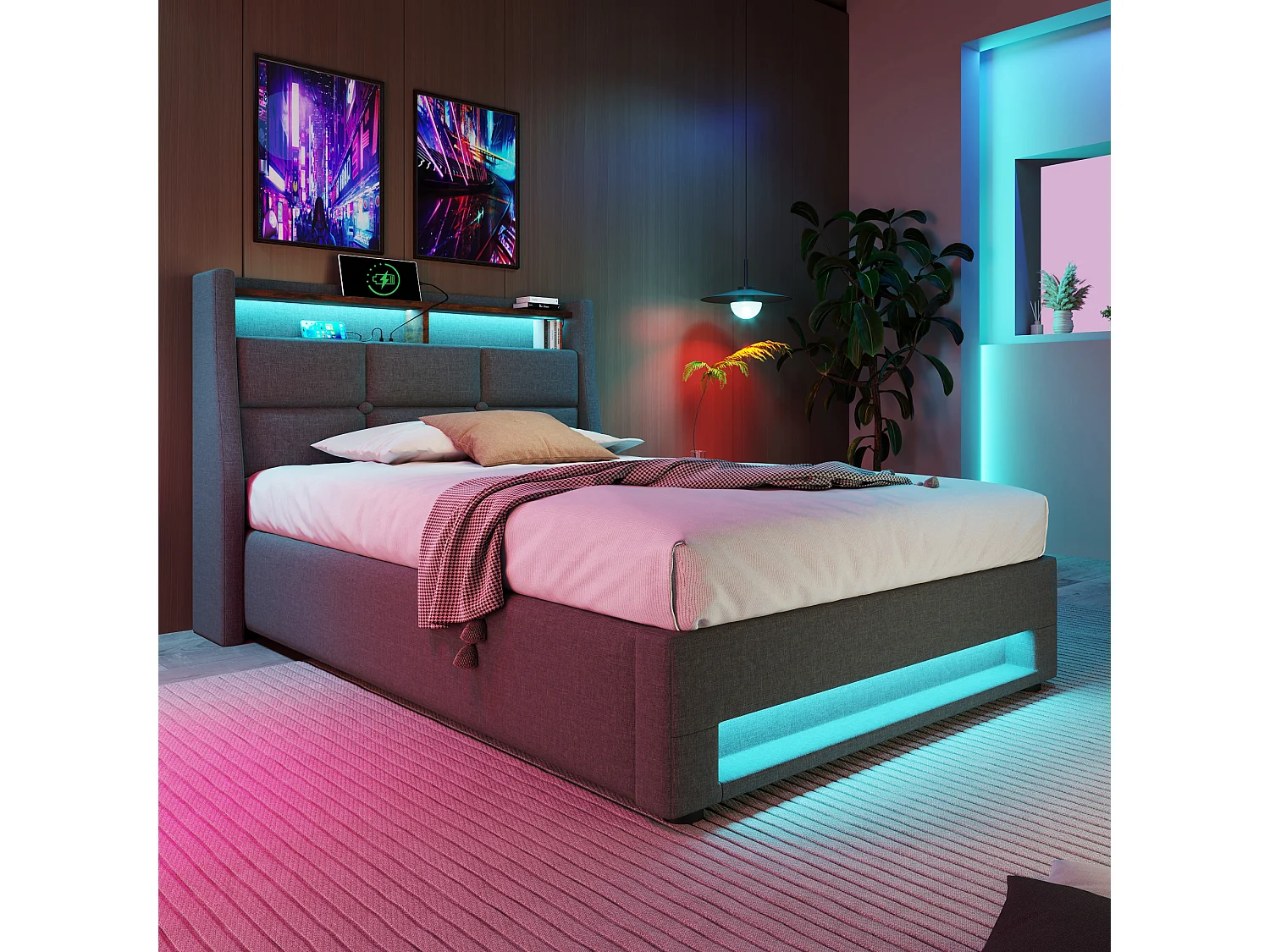 Cama con LED y USB, 140x200 cm, estructura de lino con base de metal, cama doble, gris (Dimensiones: 145x210x117 cm)
