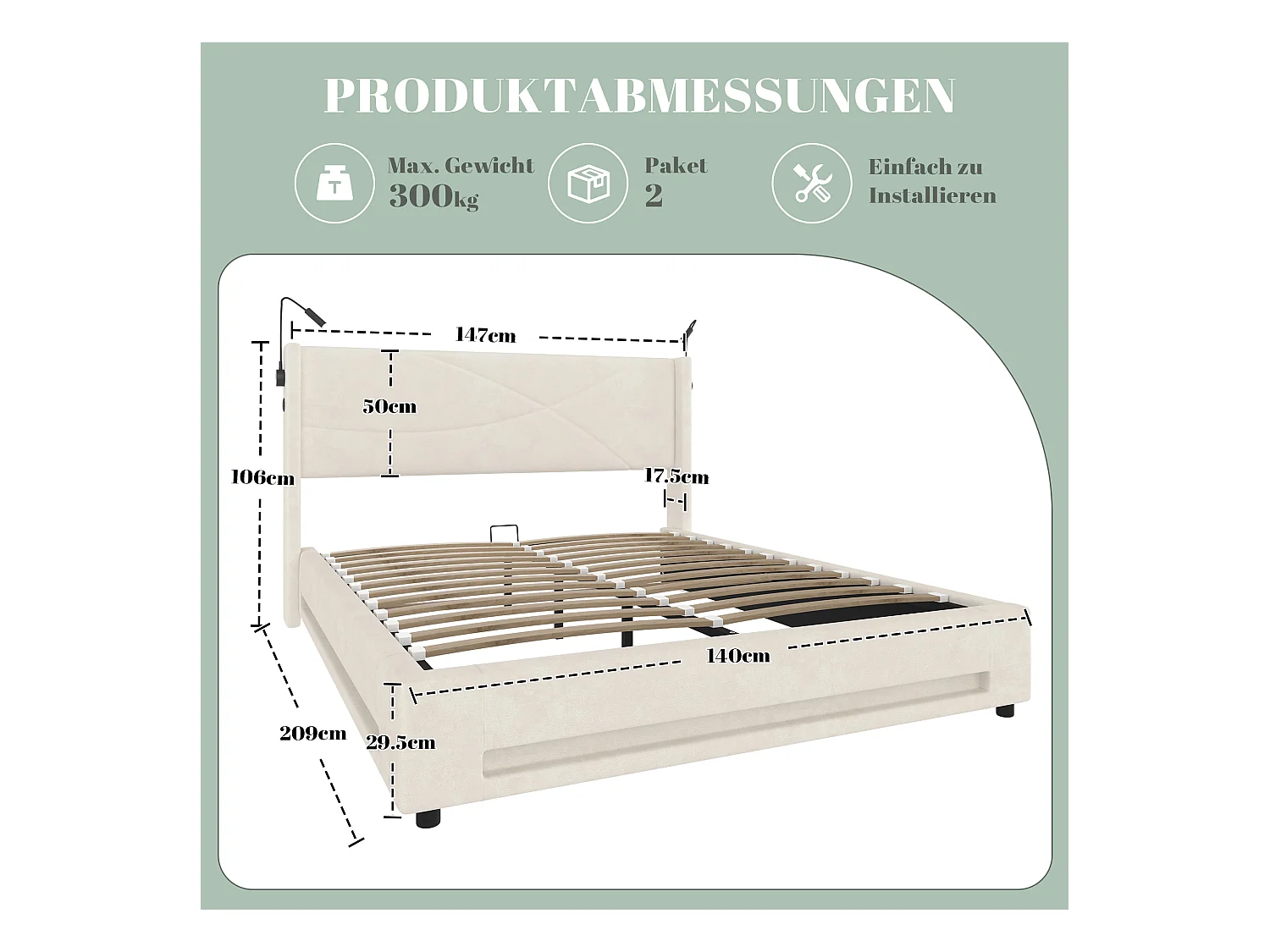 Lit 140 x 200 cm avec 2 lampes de lecture, LED, rangement hydraulique, USB, cadre robuste, Gris (216x150x116 cm)