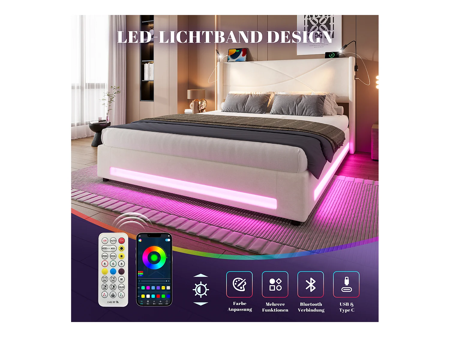 Lit 140 x 200 cm avec 2 lampes de lecture, LED, rangement hydraulique, USB, cadre robuste, Gris (216x150x116 cm)