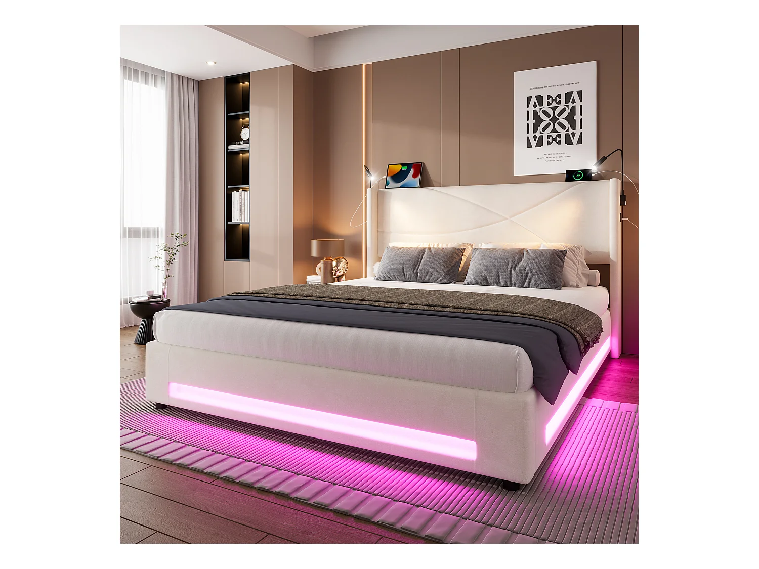 Lit 140 x 200 cm avec 2 lampes de lecture, LED, rangement hydraulique, USB, cadre robuste, Gris (216x150x116 cm)