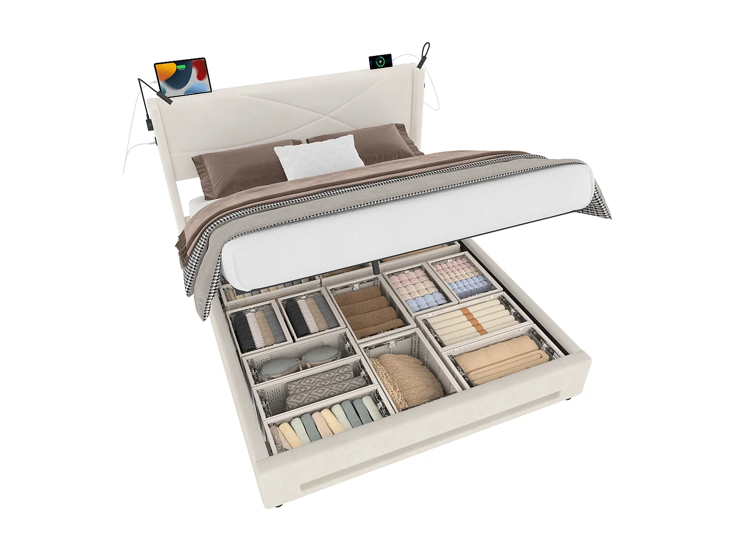 Lit 140 x 200 cm avec 2 lampes de lecture, LED, rangement hydraulique, USB, cadre robuste, Gris (216x150x116 cm)