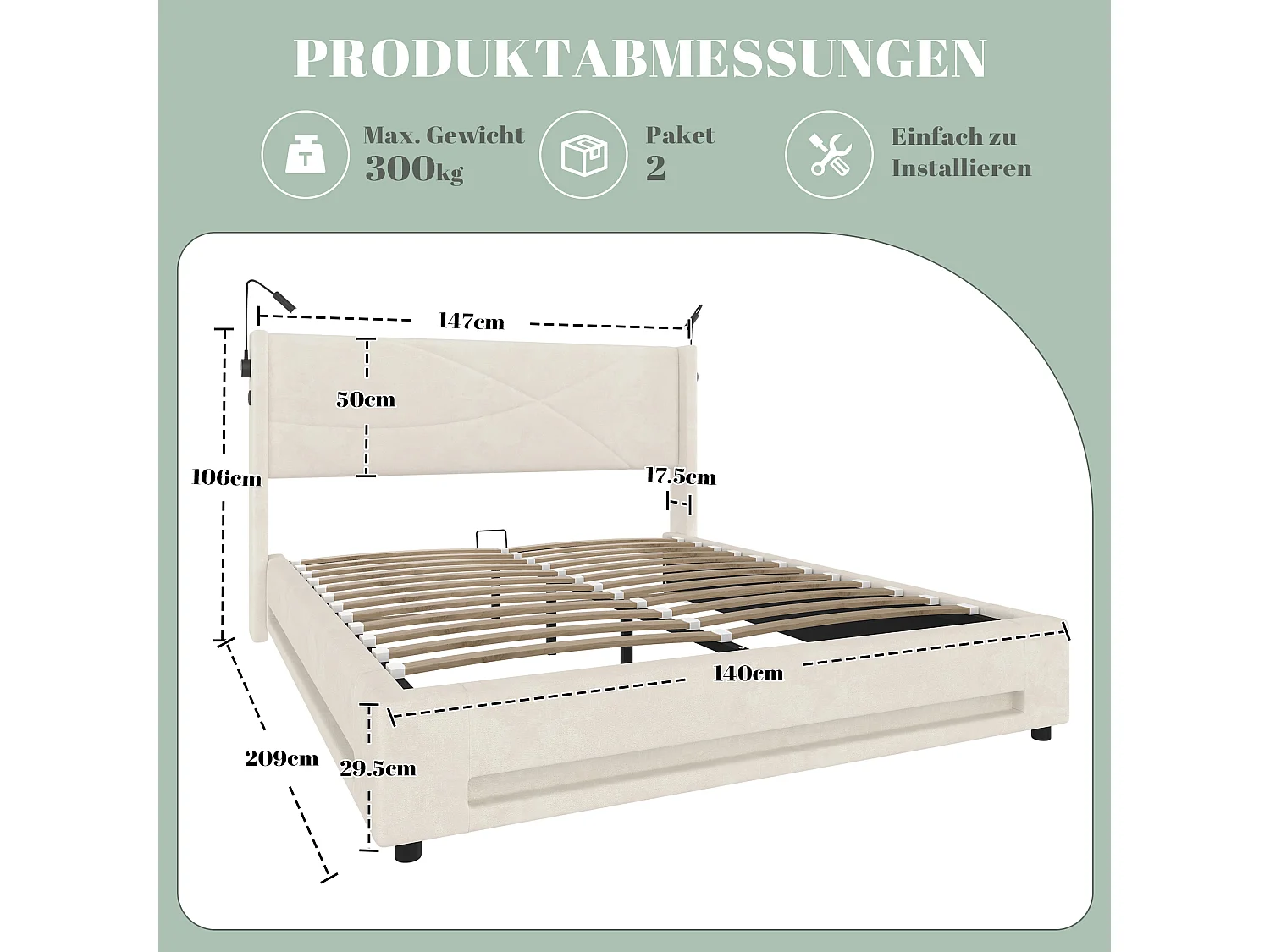 Cama de 140 x 200 cm con 2 lámparas de lectura, LED, almacenamiento hidráulico, USB, estructura robusta, gris (216 x 150 x 116 cm)