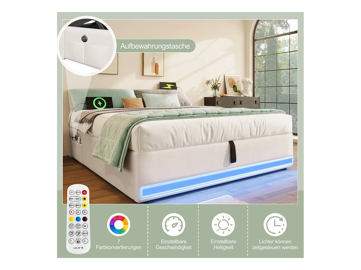 Lit tapissier 140 x 200 cm, avec LED télécommandée, USB et Type-C, petites poches de rangement, sans tête de lit, fonction de stockage hydraulique (203x141.5x32 cm)