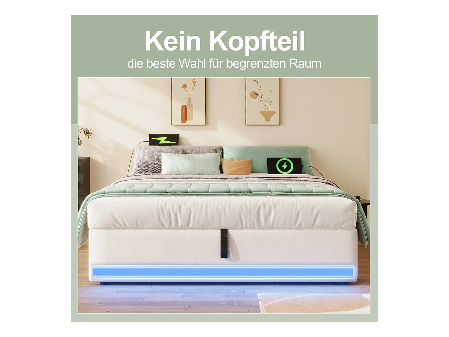 Lit tapissier 140 x 200 cm, avec LED télécommandée, USB et Type-C, petites poches de rangement, sans tête de lit, fonction de stockage hydraulique (203x141.5x32 cm)