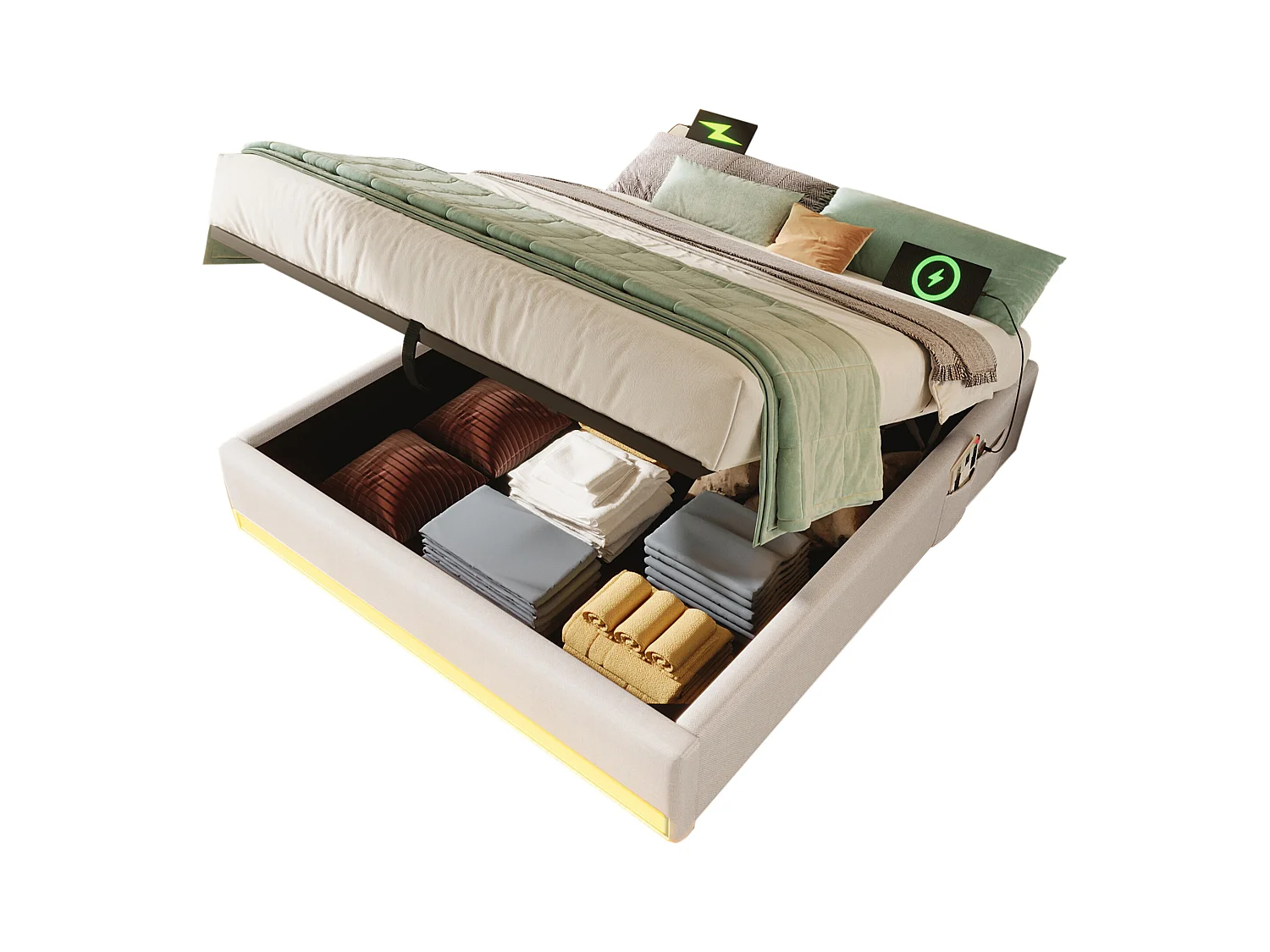 Lit tapissier 140 x 200 cm, avec LED télécommandée, USB et Type-C, petites poches de rangement, sans tête de lit, fonction de stockage hydraulique (203x141.5x32 cm)