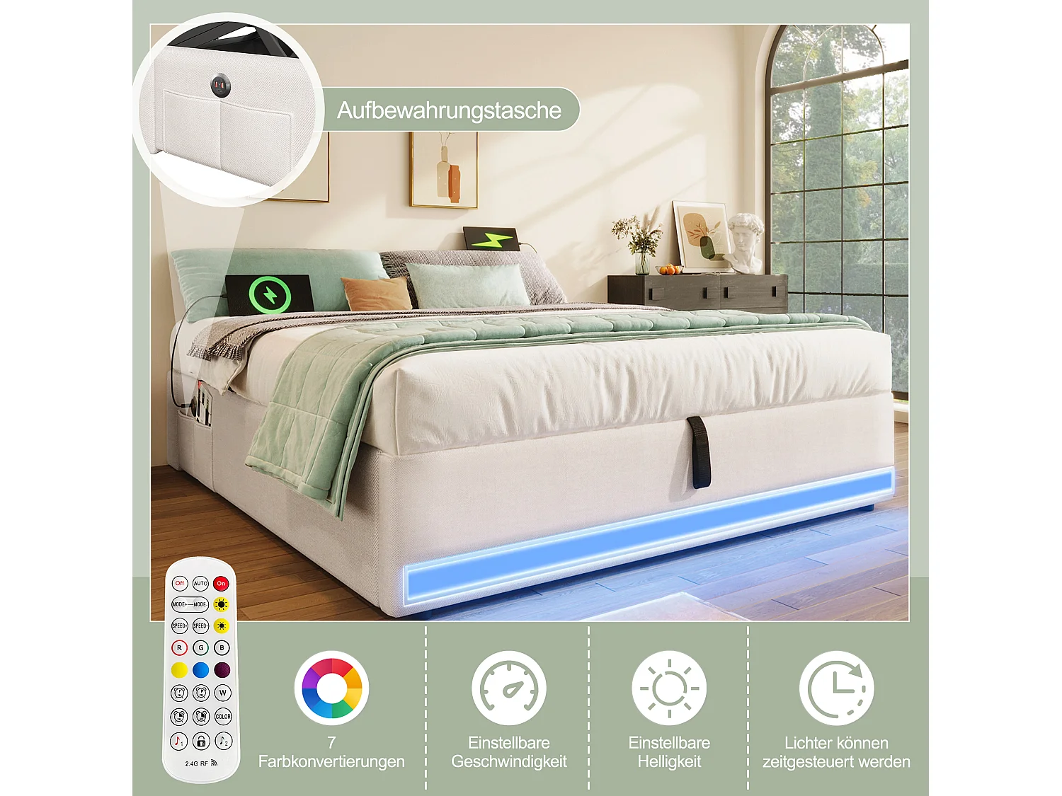 Lit tapissier 140 x 200 cm, avec LED télécommandée, USB et Type-C, petites poches de rangement, sans tête de lit, fonction de stockage hydraulique (203x141.5x32 cm)