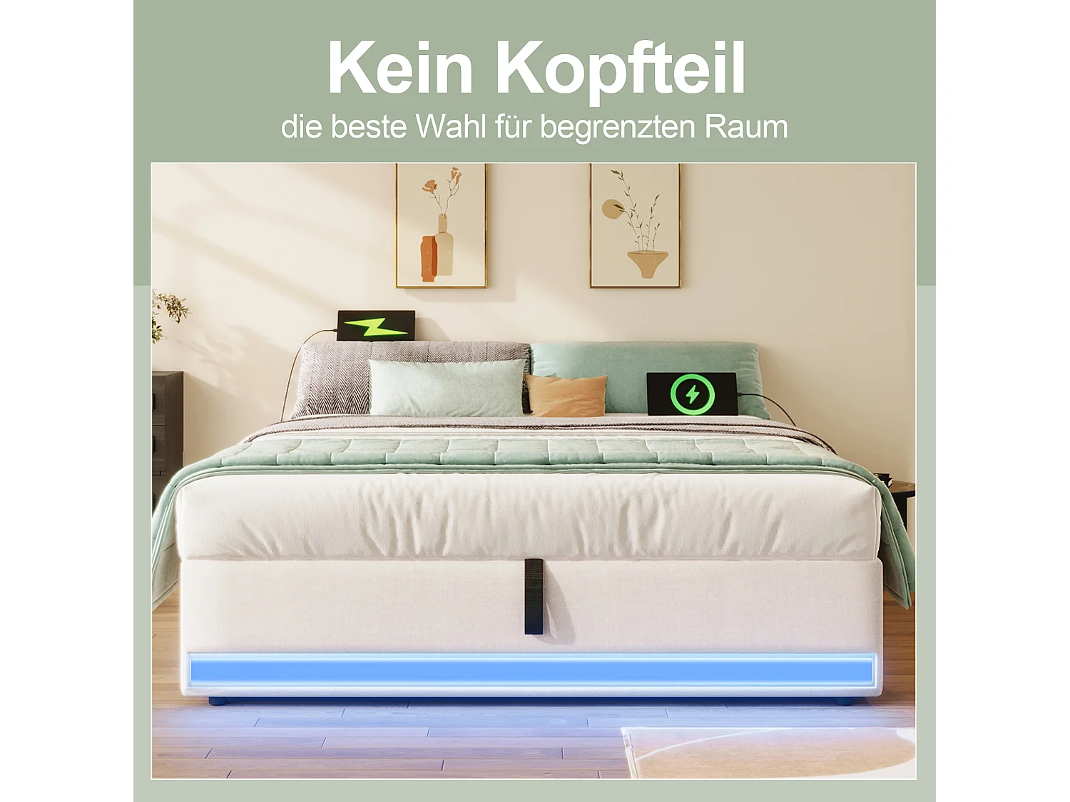 Lit tapissier 140 x 200 cm, avec LED télécommandée, USB et Type-C, petites poches de rangement, sans tête de lit, fonction de stockage hydraulique (203x141.5x32 cm)