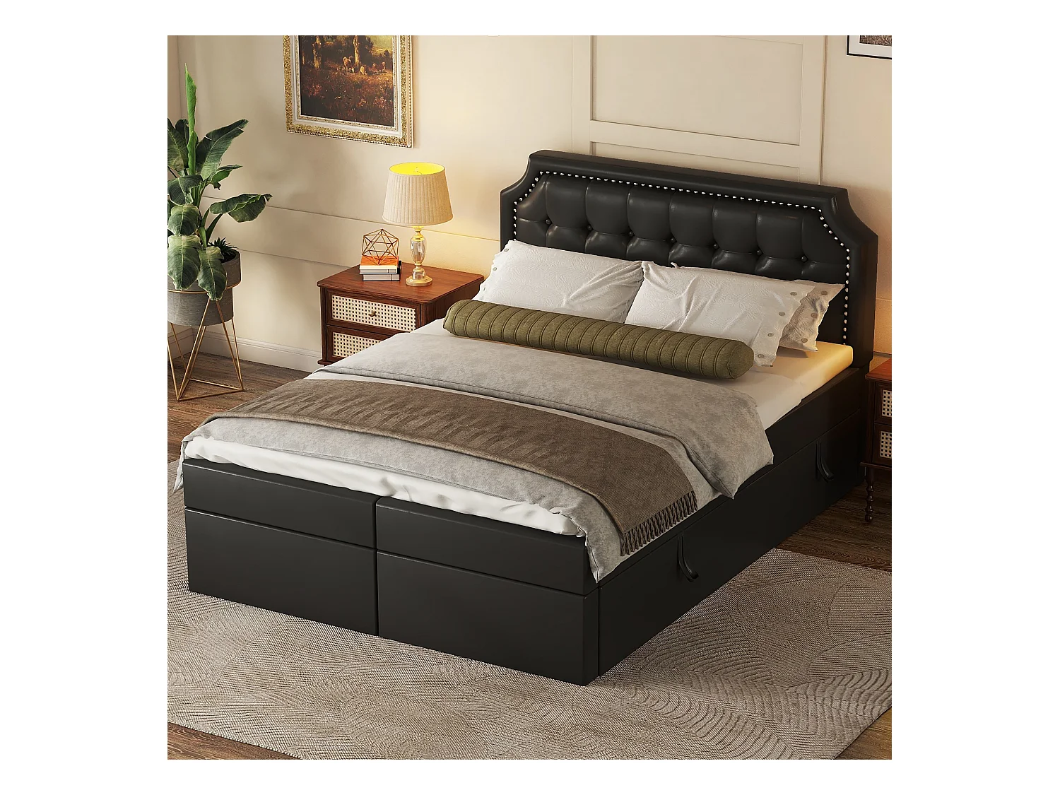 Letto contenitore 140x200 cm, struttura in metallo con rete a doghe, design minimalista, nero (211x141x105,5 cm)