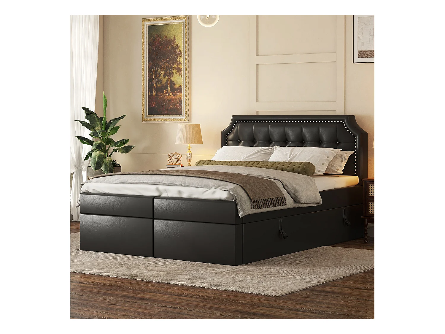 Letto contenitore 140x200 cm, struttura in metallo con rete a doghe, design minimalista, nero (211x141x105,5 cm)