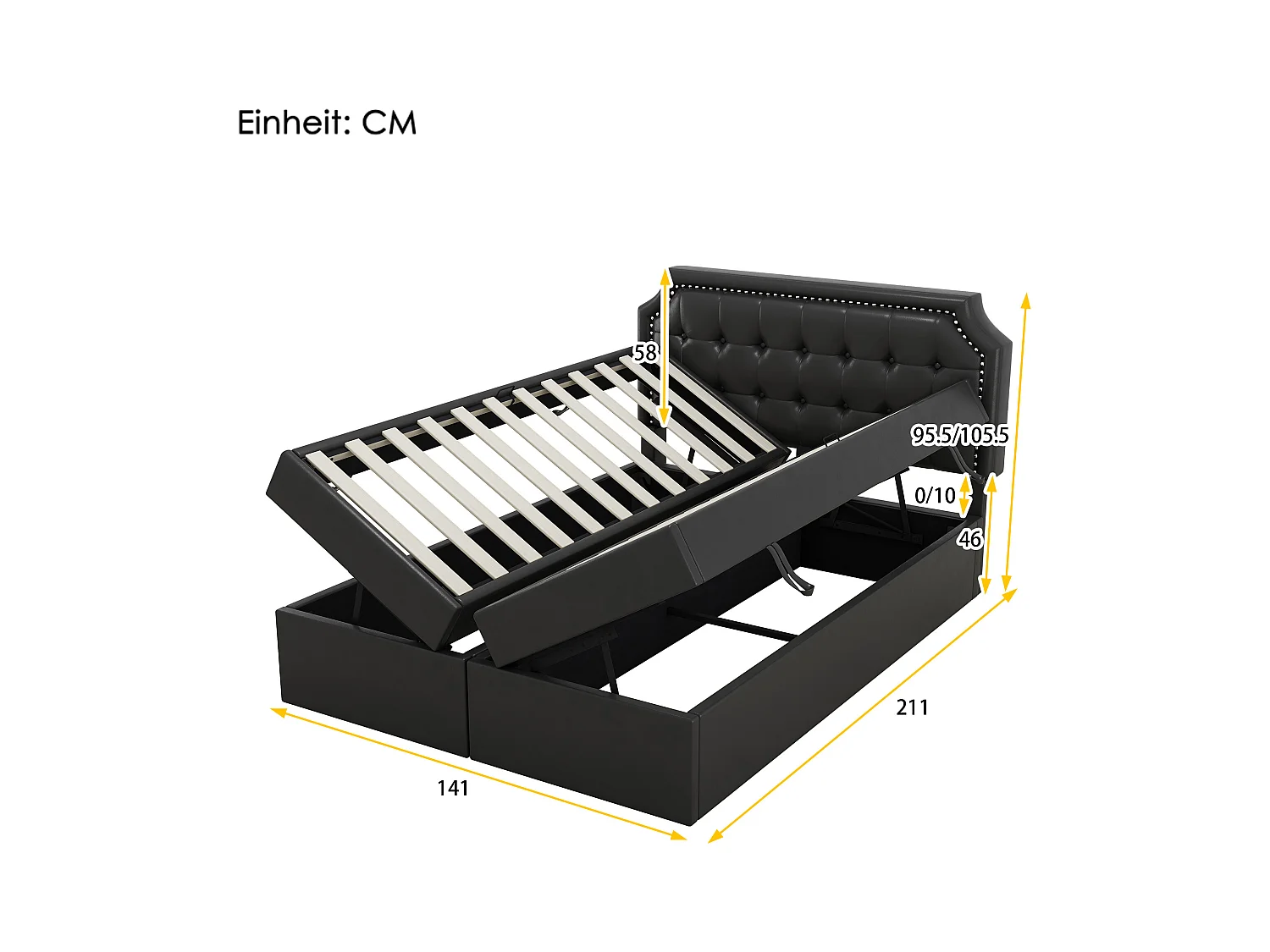 Letto contenitore 140x200 cm, struttura in metallo con rete a doghe, design minimalista, nero (211x141x105,5 cm)