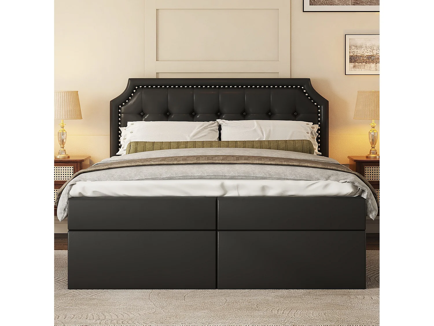 Cama con almacenaje, 140x200 cm, estructura de metal con somier, diseño minimalista, color negro (211x141x105,5 cm)