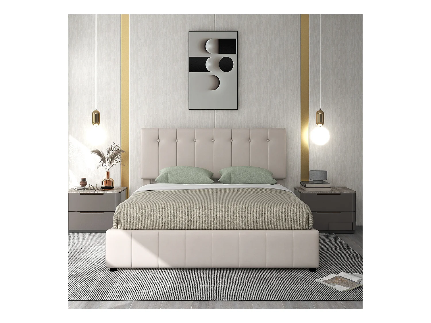 Lit double 140x200cm, rangement hydraulique, tête réglable, sommier métal, simili cuir crème (203x140x106cm)