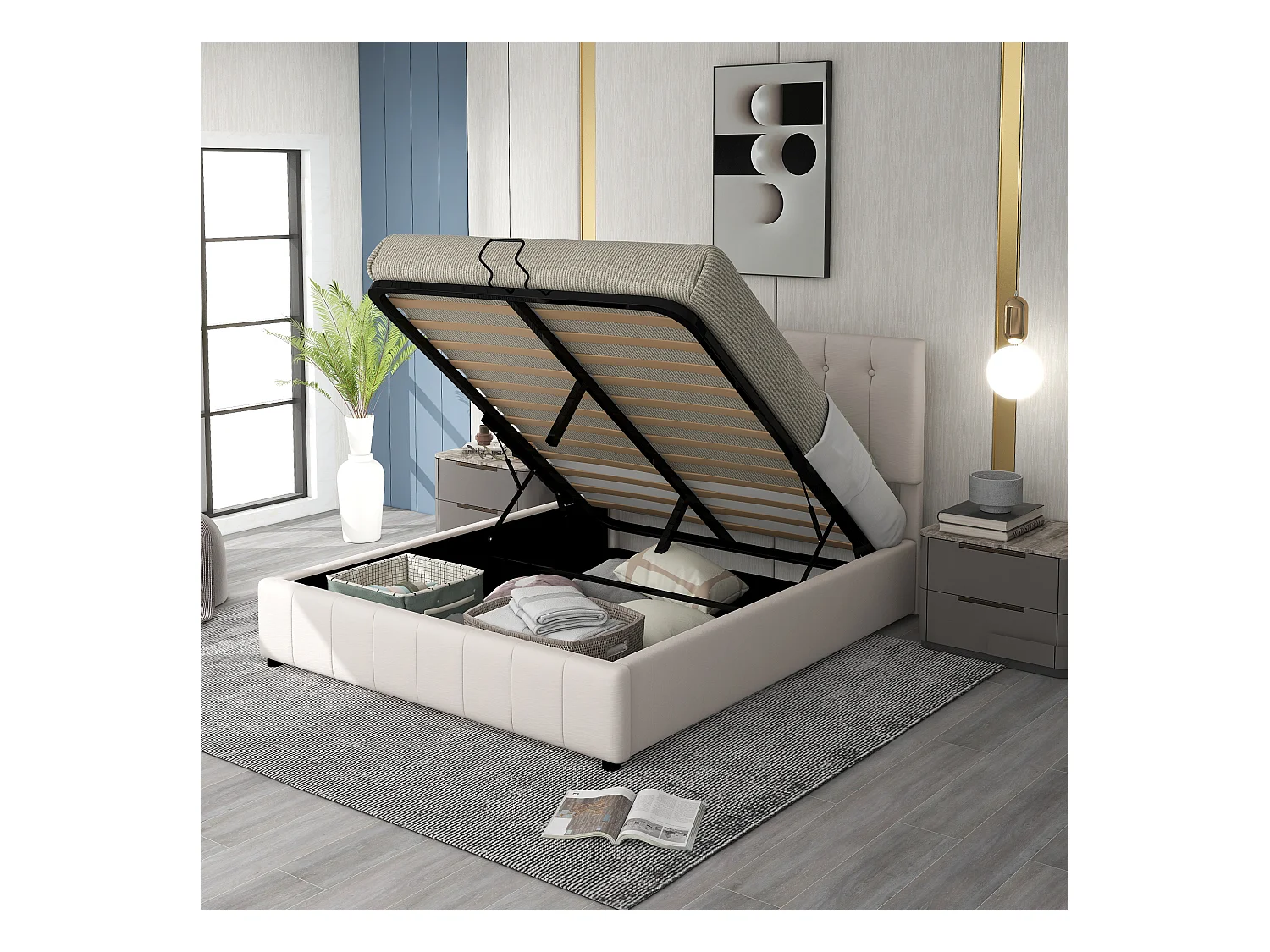 Lit double 140x200cm, rangement hydraulique, tête réglable, sommier métal, simili cuir crème (203x140x106cm)