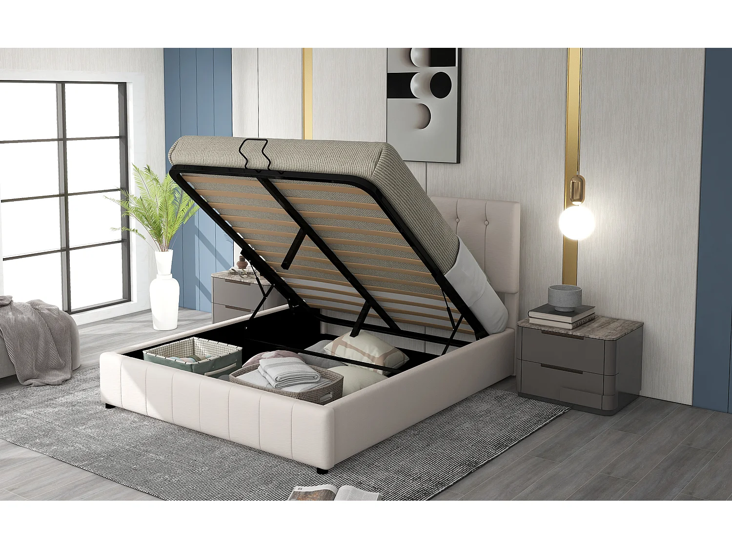 Lit double 140x200cm, rangement hydraulique, tête réglable, sommier métal, simili cuir crème (203x140x106cm)