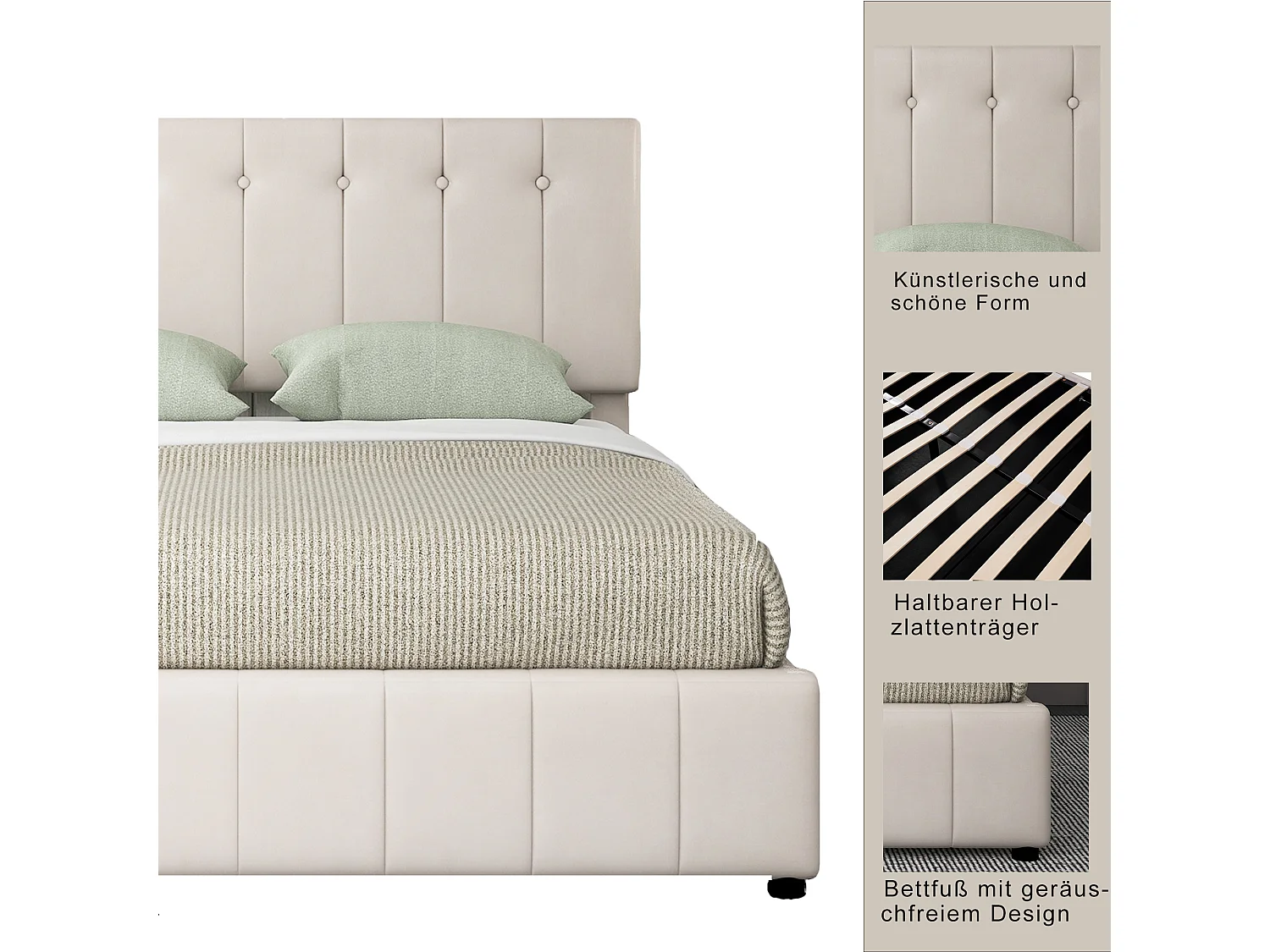 Lit double 140x200cm, rangement hydraulique, tête réglable, sommier métal, simili cuir crème (203x140x106cm)