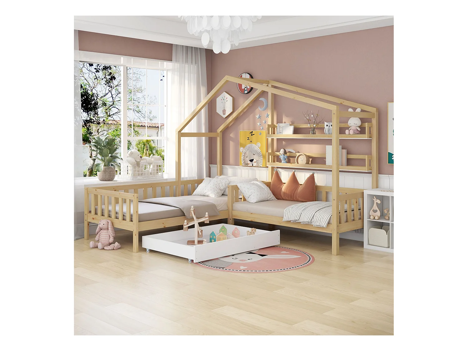 Lit enfant Maison avec tiroirs et étagères, Structure en L, Bois massif, Naturel (90x200cm + 140x70cm)