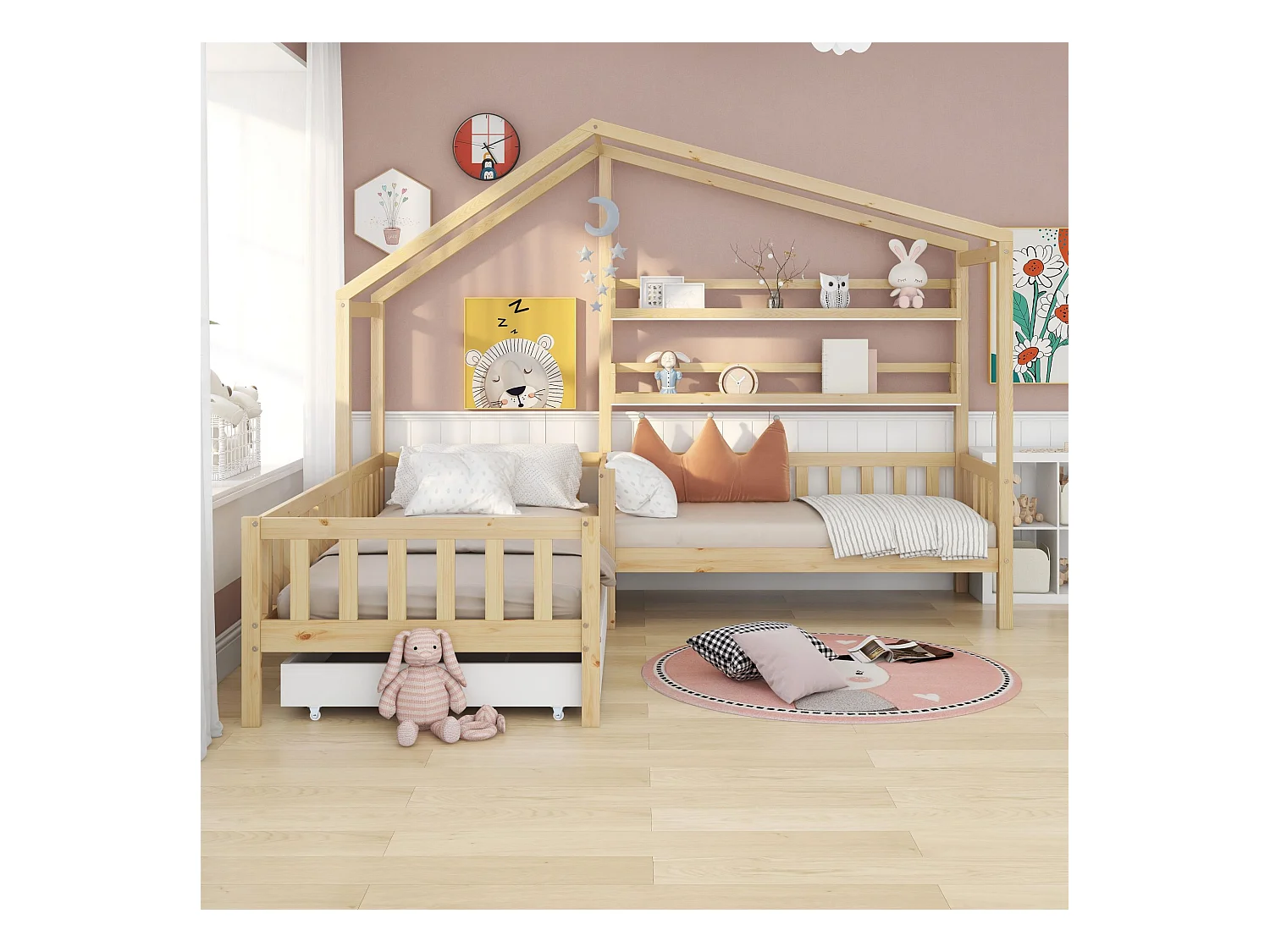 Lit enfant Maison avec tiroirs et étagères, Structure en L, Bois massif, Naturel (90x200cm + 140x70cm)