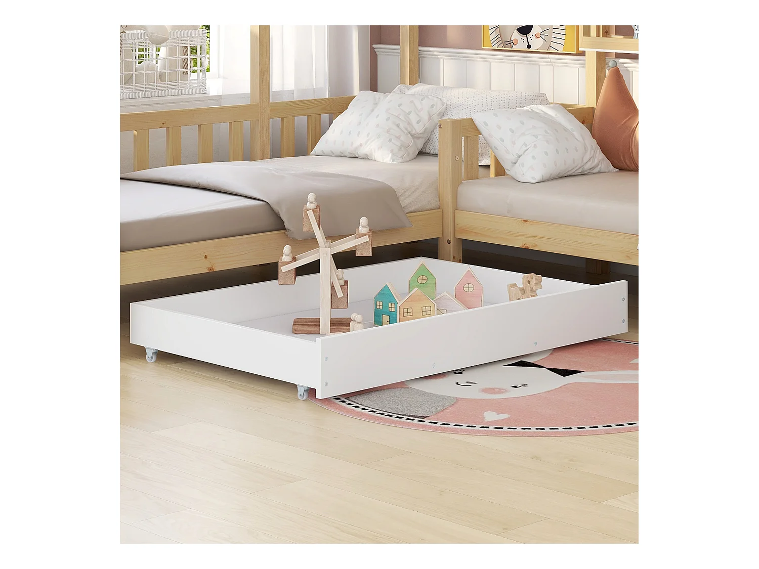 Lit enfant Maison avec tiroirs et étagères, Structure en L, Bois massif, Naturel (90x200cm + 140x70cm)