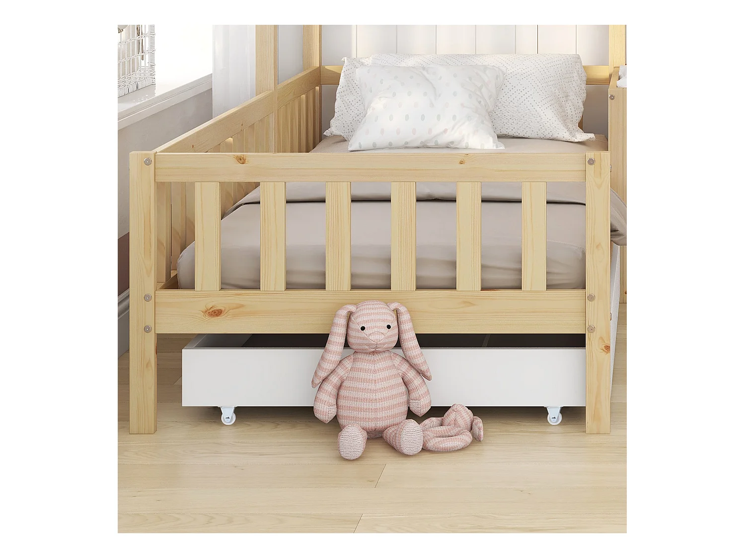 Lit enfant Maison avec tiroirs et étagères, Structure en L, Bois massif, Naturel (90x200cm + 140x70cm)