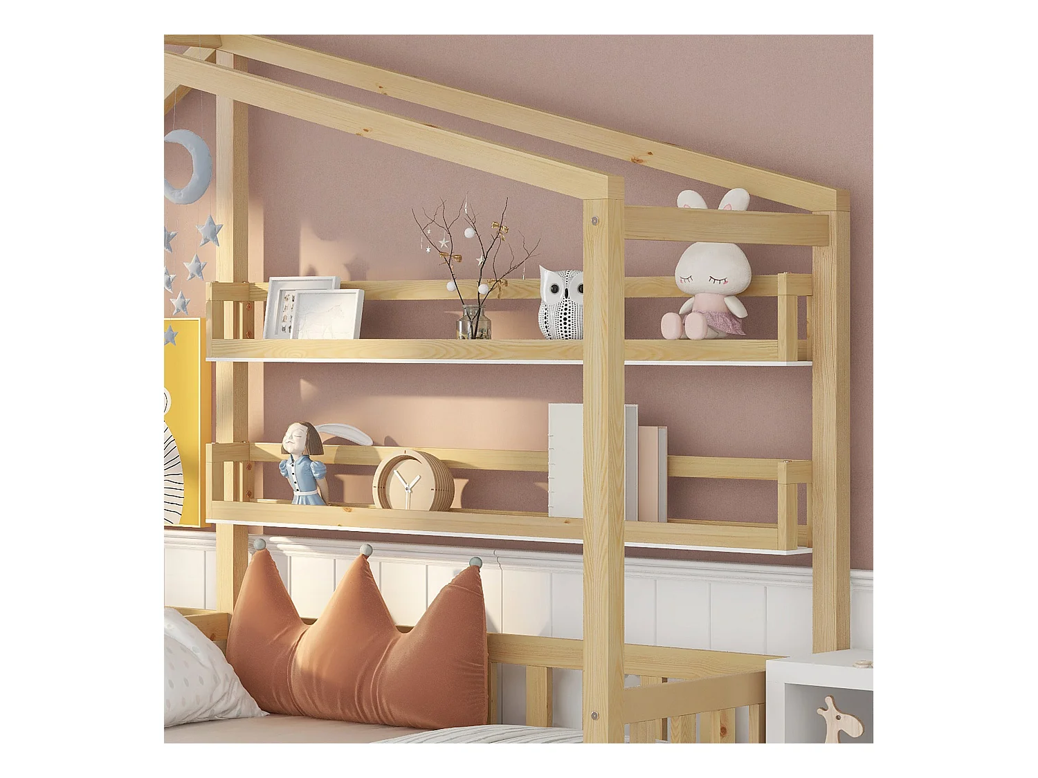 Lit enfant Maison avec tiroirs et étagères, Structure en L, Bois massif, Naturel (90x200cm + 140x70cm)