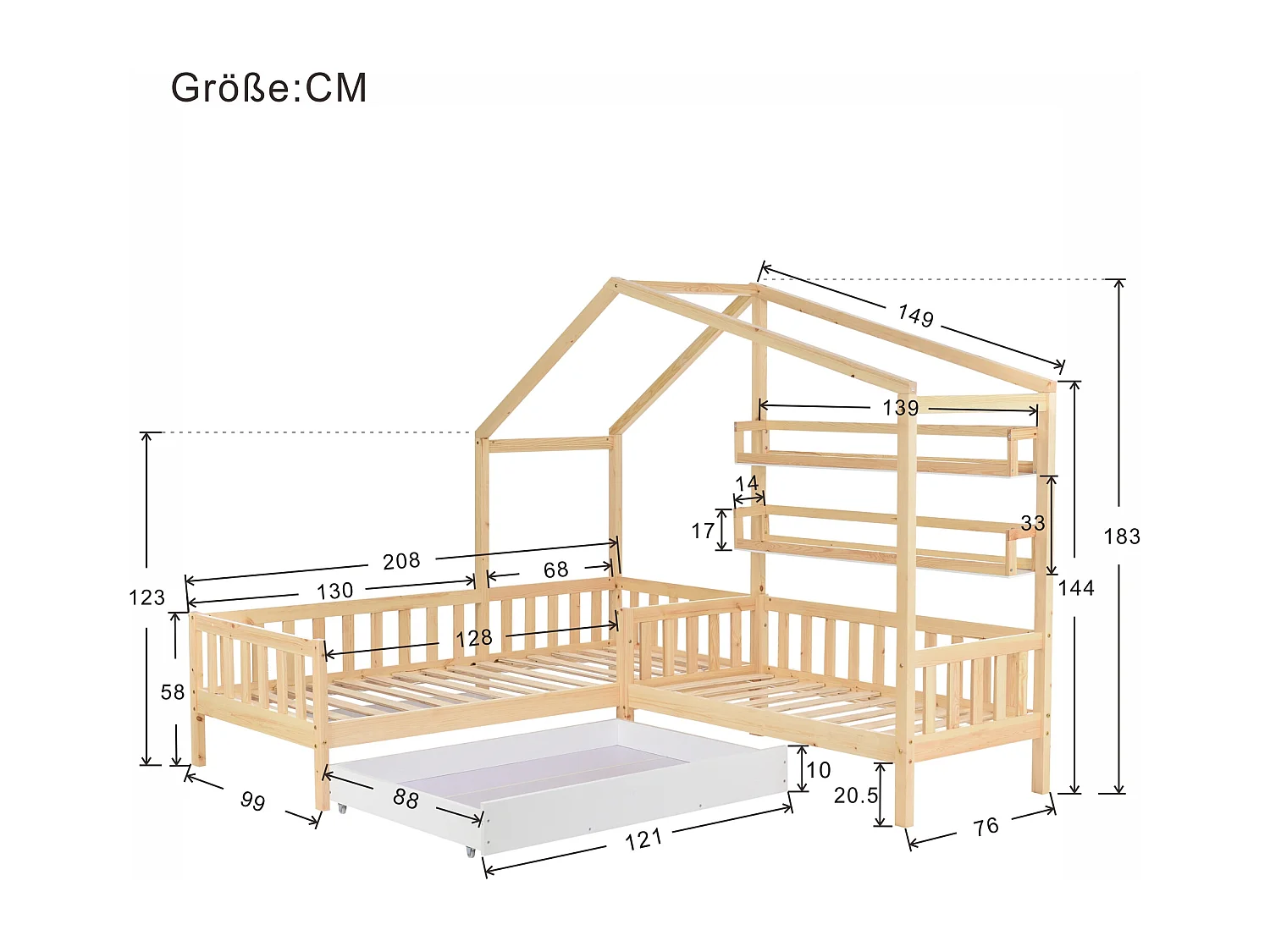 Lit enfant Maison avec tiroirs et étagères, Structure en L, Bois massif, Naturel (90x200cm + 140x70cm)