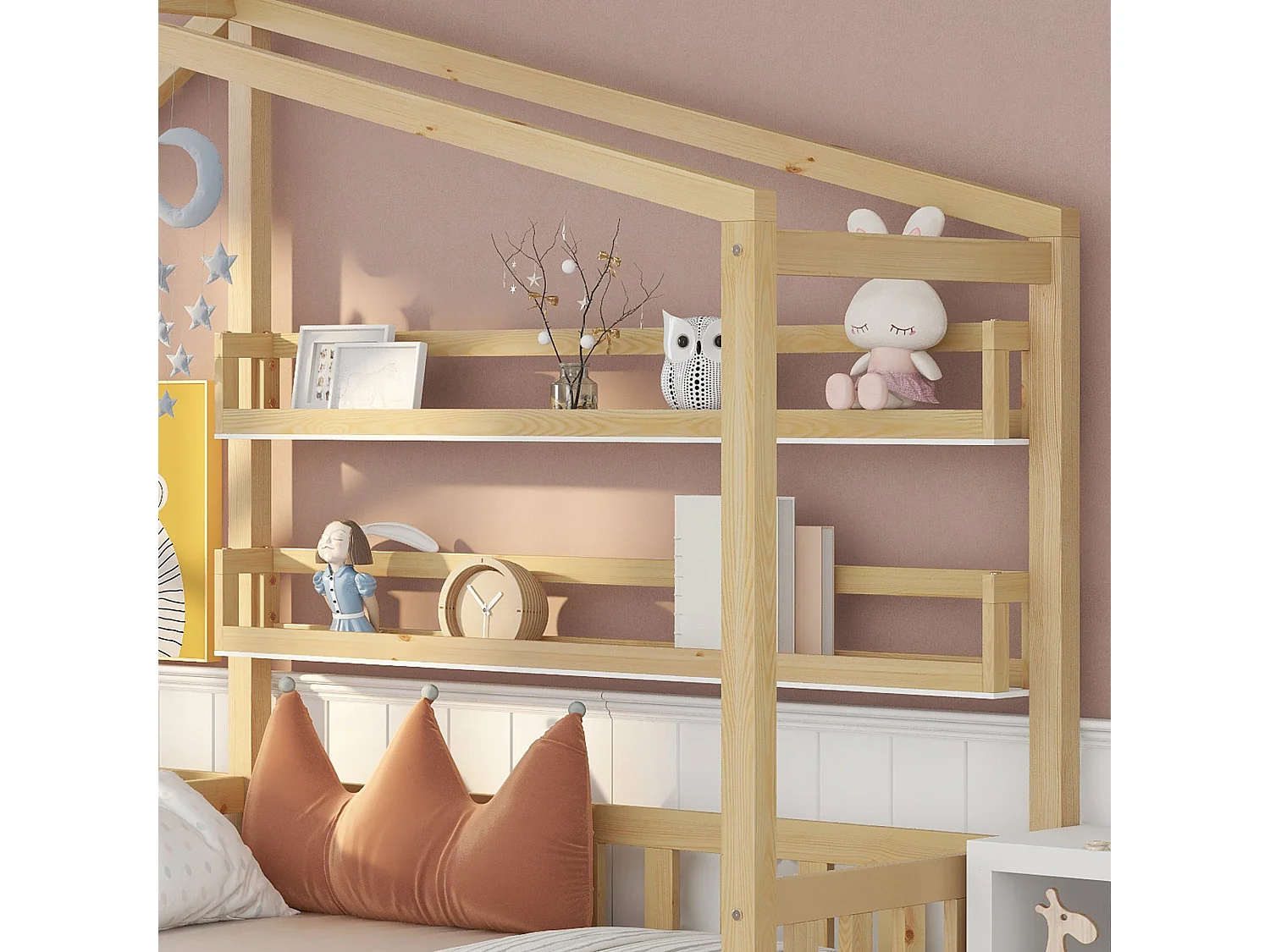 Lit enfant Maison avec tiroirs et étagères, Structure en L, Bois massif, Naturel (90x200cm + 140x70cm)