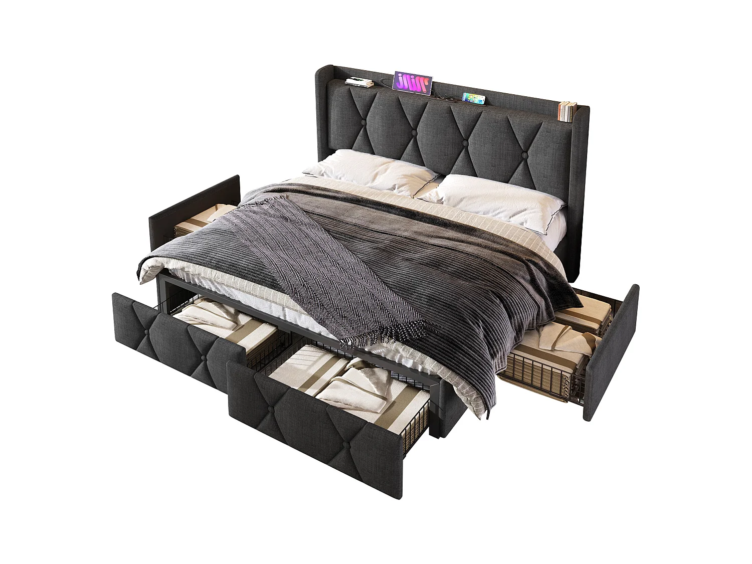 Lit double avec 4 tiroirs et chargeur USB intégré, lin gris, cadre avec sommier bois (169x217x116cm)