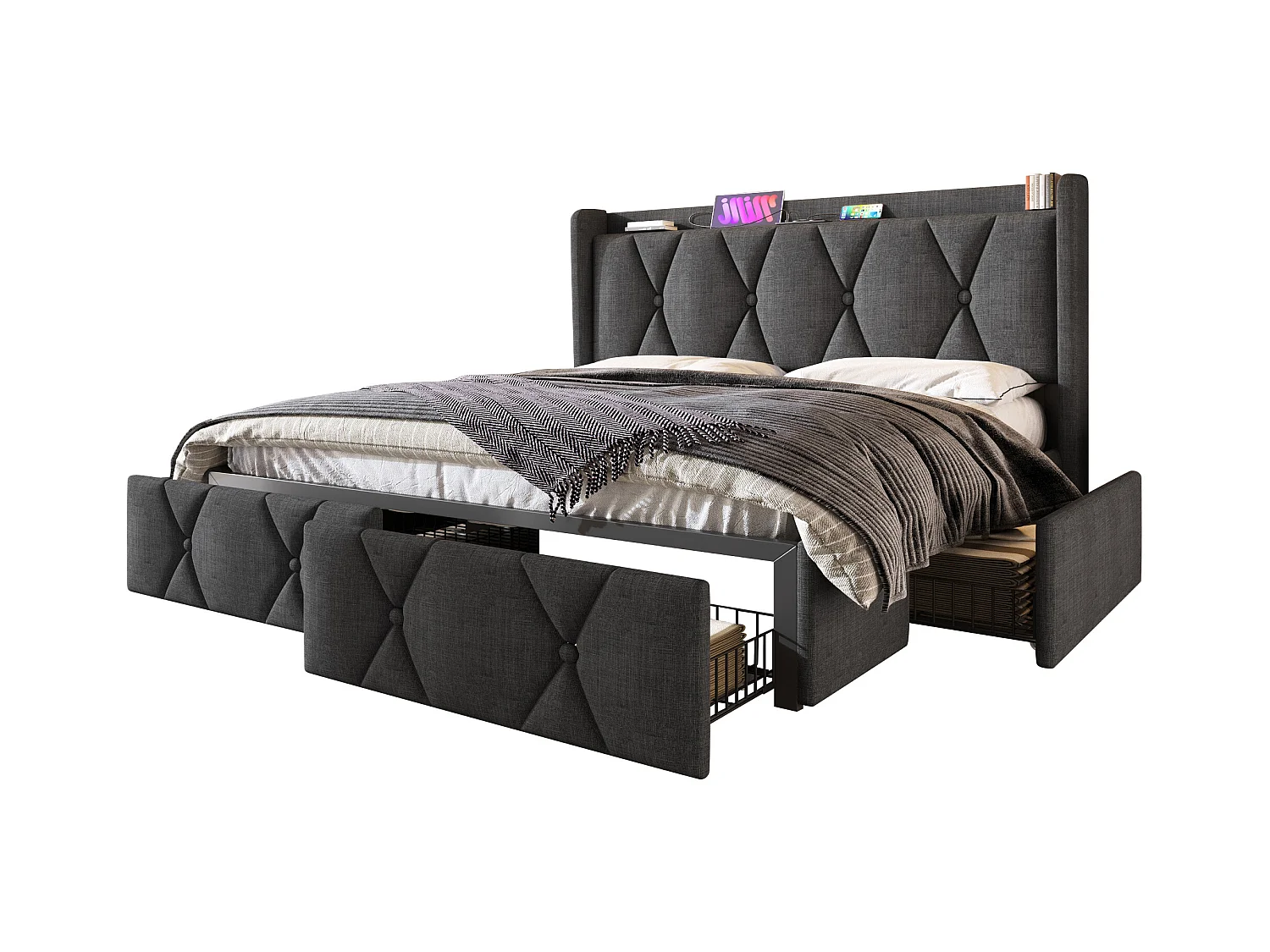 Lit double avec 4 tiroirs et chargeur USB intégré, lin gris, cadre avec sommier bois (169x217x116cm)