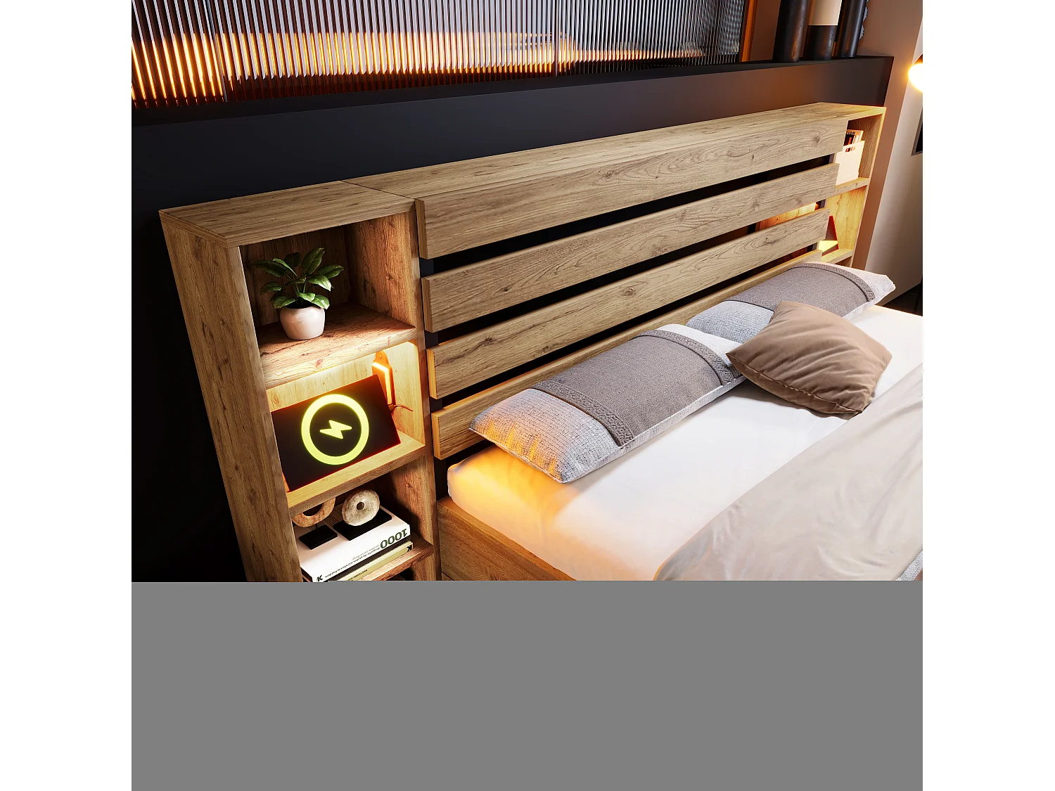 Letto matrimoniale in legno massello 160x200, letto con testiera a LED, USB-C, cassetti portaoggetti, struttura in metallo e legno, rovere (232x218x90 cm)