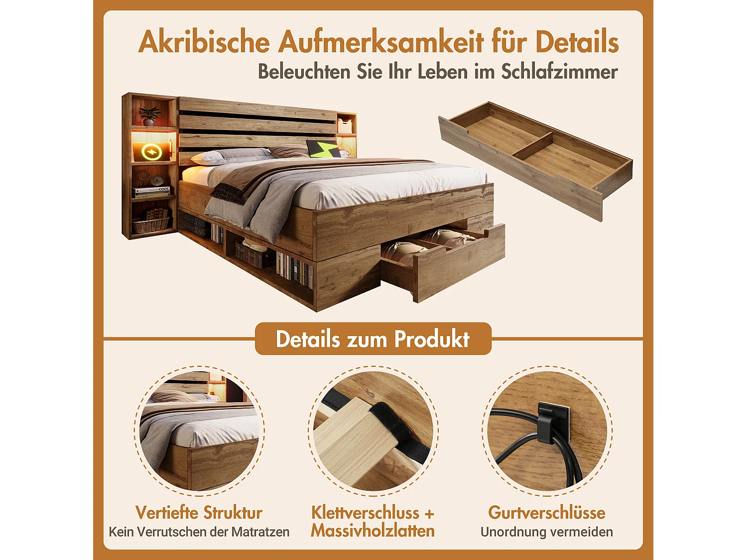 Letto matrimoniale in legno massello 160x200, letto con testiera a LED, USB-C, cassetti portaoggetti, struttura in metallo e legno, rovere (232x218x90 cm)