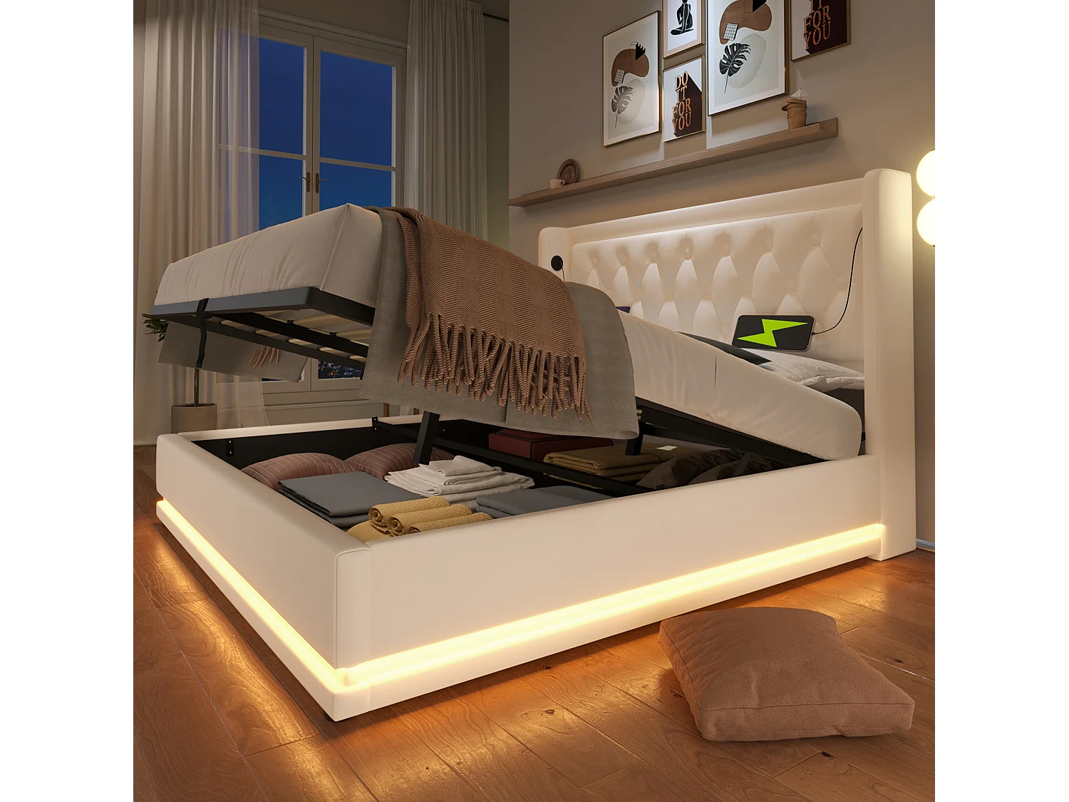 Cama de matrimonio 160x200, con almacenaje hidráulico, cabecero con USB e iluminación LED, PU blanco (210x170x101 cm)